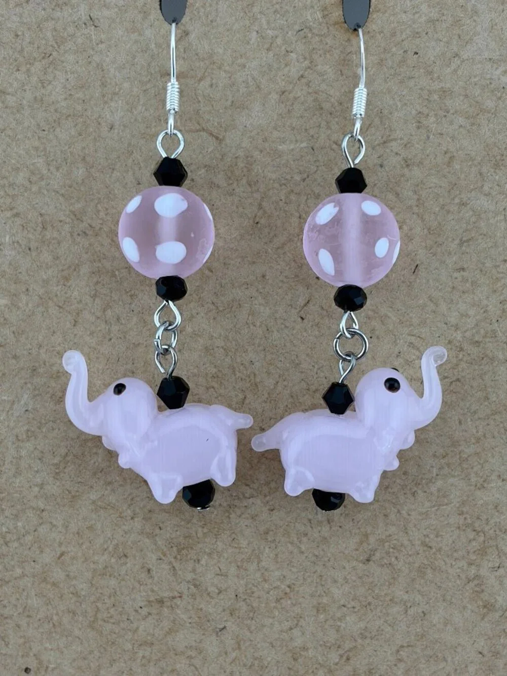 Pink Elephant Polka Dot Lamp Work Glass Bead Handmade Handcrafted Earrings LR223